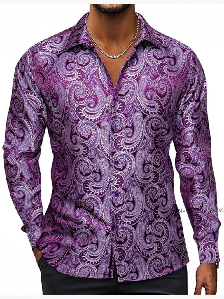 Silk Paisley Dress Shirt Long Sleeve Button Down Regular Fit Formal Casual